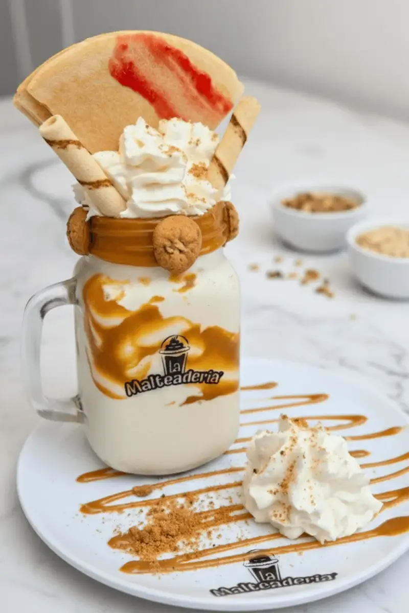 La Manizaleña en su frasco: galleta con salsa de mora y barquillos sobre la crema chantilly, y salsa de arequipe por el vidrio y en el plato.